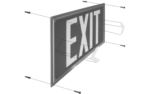 The ELP frame exit sign is attached to the wall via screws using the four holes punched into the corners of the sign frame. The chevros are peeled and stuck onto the sign face to show the direciton of egress.