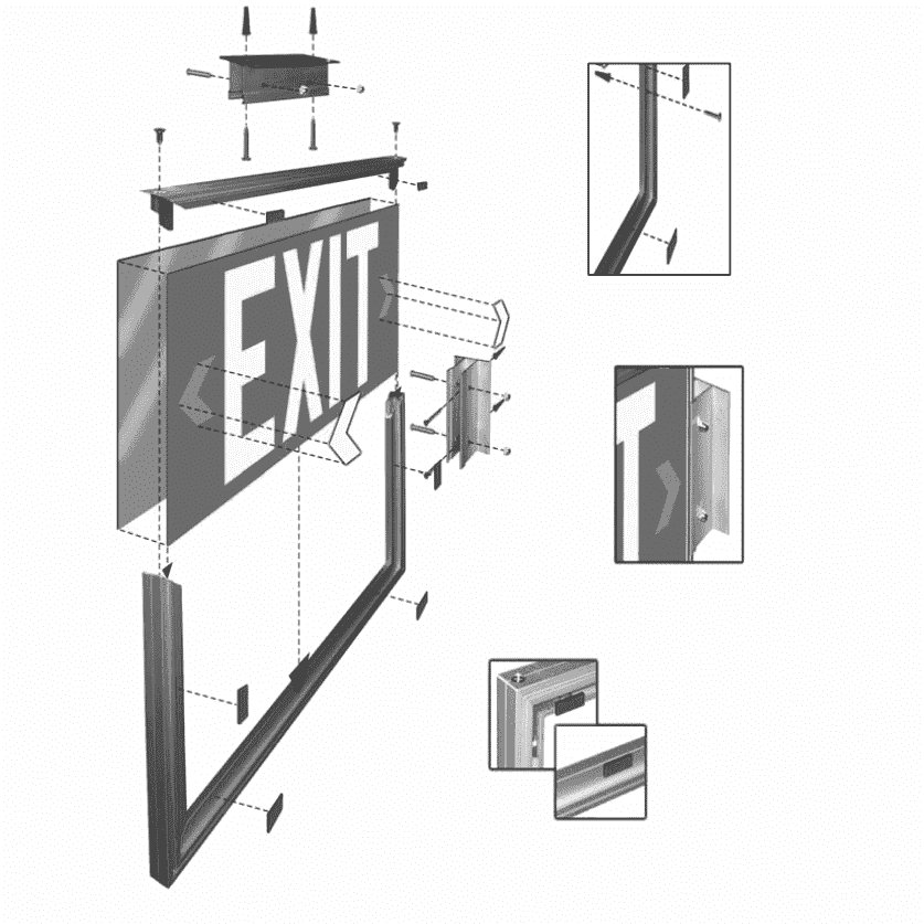 diagram showing how the exit sign and the frame and bracket are put together