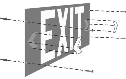 Diagram showing how the sign is installed to the wall. The sign is secured to the wall with screws. The screws are inserted into the four holes punched into the corners of the sign face. Chevrons are peeled and stuck onto the sign face to indicate which direction to go to find the exit. 