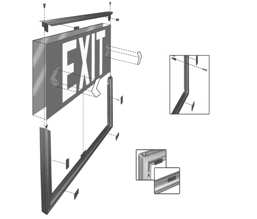 To install the sign, remove the top member, drill holes in the wall and in the inner apron of the frame. Insert screws where needed, and the reassemble.