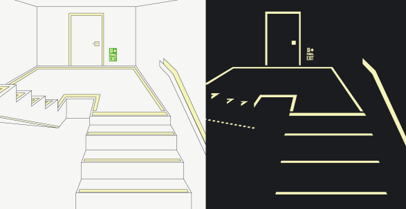 Drawing showing glow strips on handrails, along the leading edges of stair steps, and surrounding the door frames. A final exit sign is at floor level next to the door.