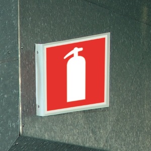 EverGlow Fire Extinguisher Sign mounted to wall with Flag Mounting Bracket